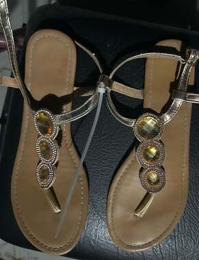 Gold Flat Sandals with Rhinestone Embellished T-Strap
